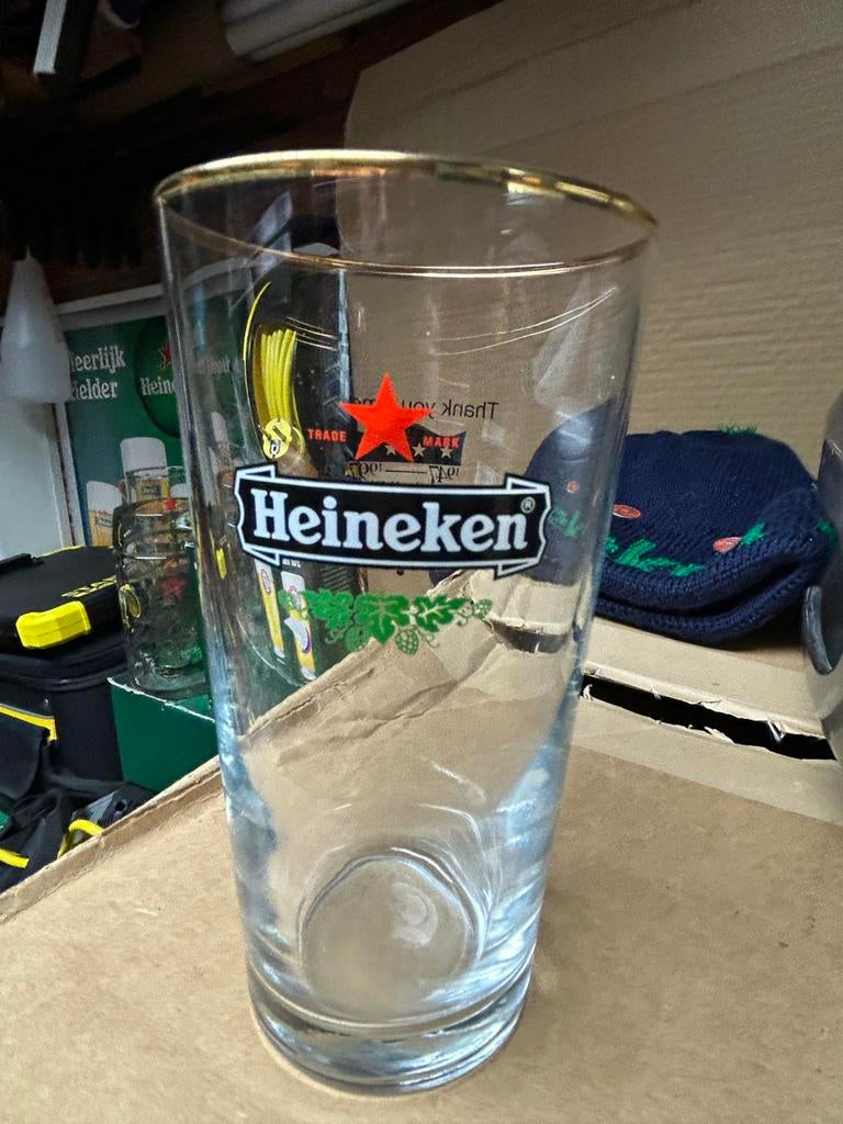 Heineken vaasje dubbeldruk glas, Ophalen, Zo goed als nieuw, Bierglas