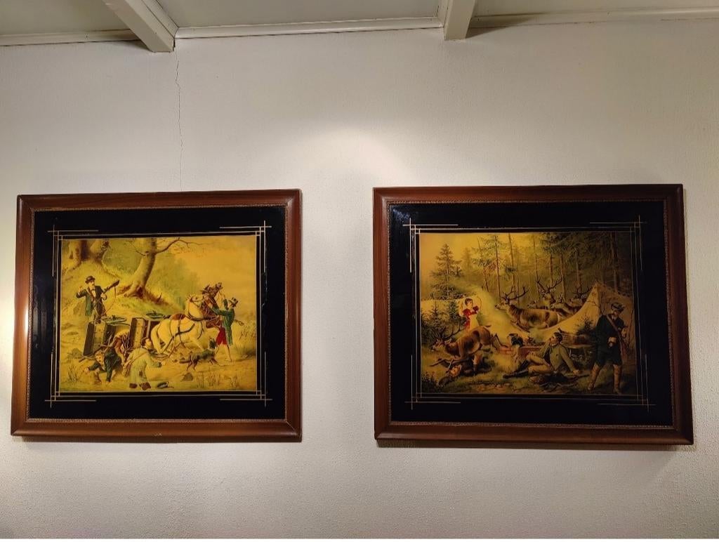 Mooie Antieke prenten achter glas met jacht scène, Ophalen