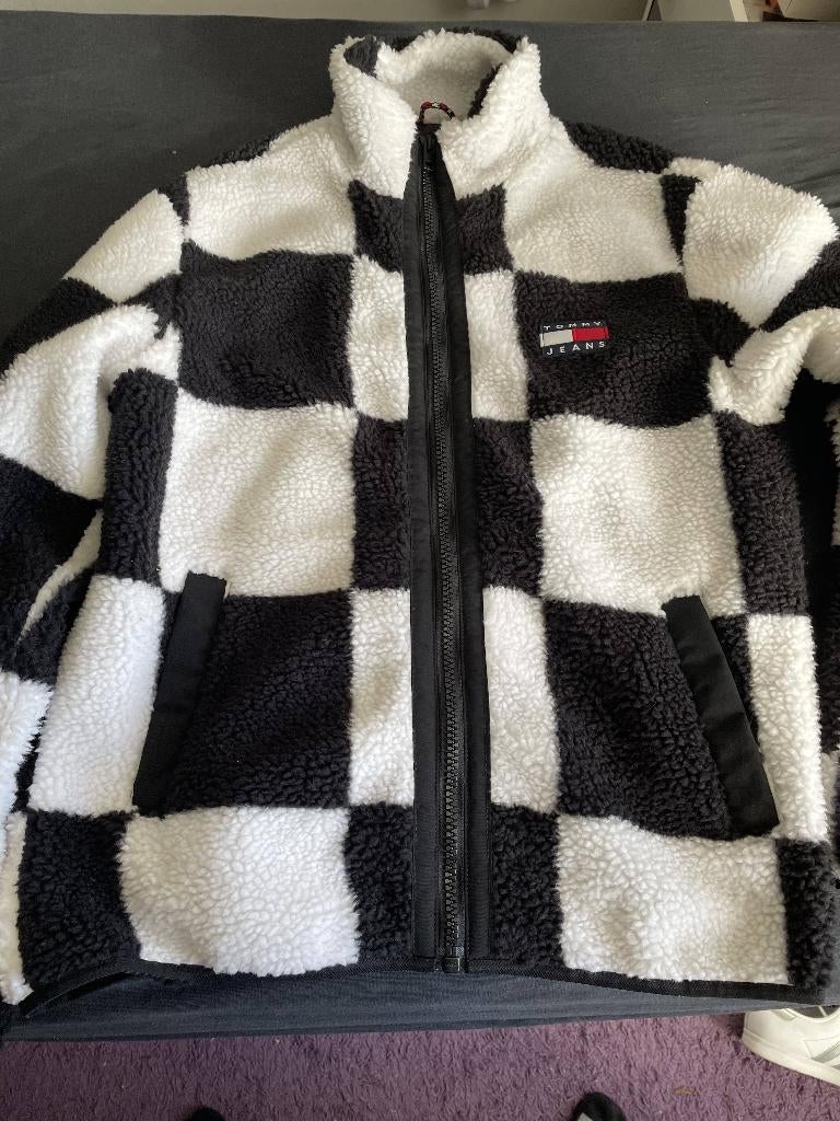 tommy hilfiger jeans jas sherpa zwart wit maat m, Kleding | Heren, Jassen | Winter, Ophalen of Verzenden, Zo goed als nieuw, Zwart