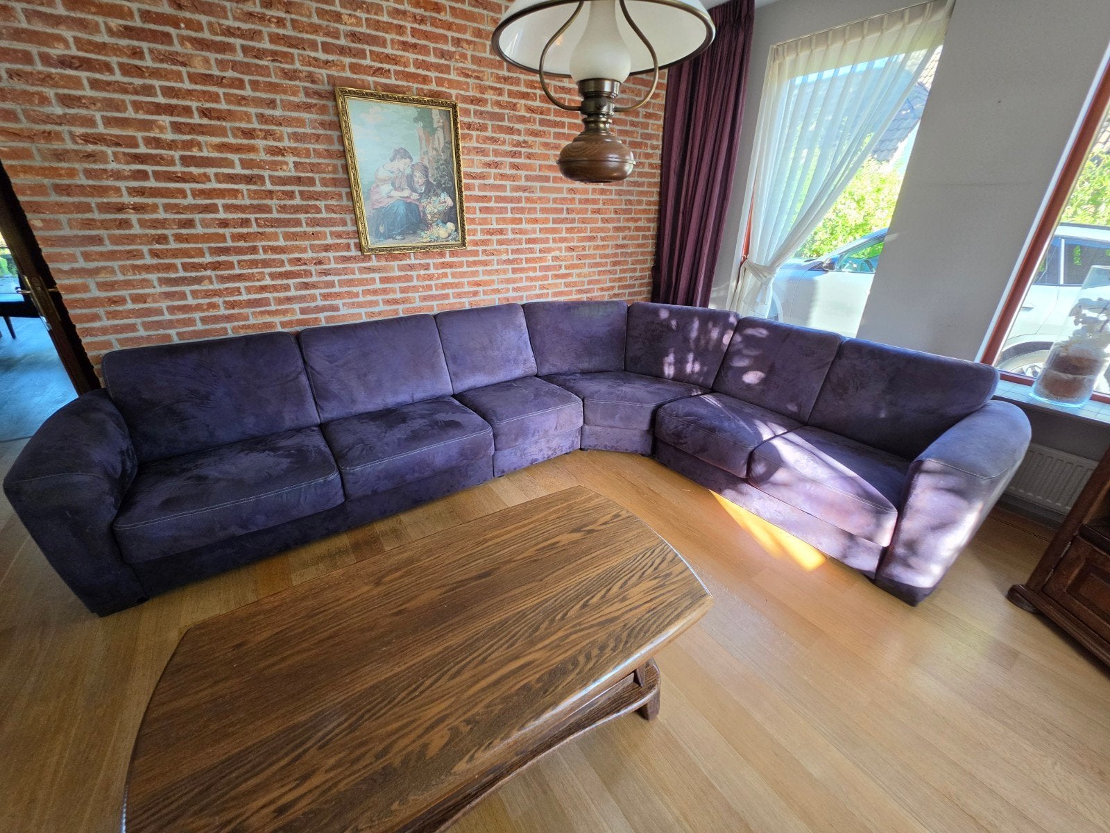 Mooie paarse velours hoekbank - 310x255 cm, Ophalen, Hoekbank, 300 cm of meer, 75 tot 100 cm