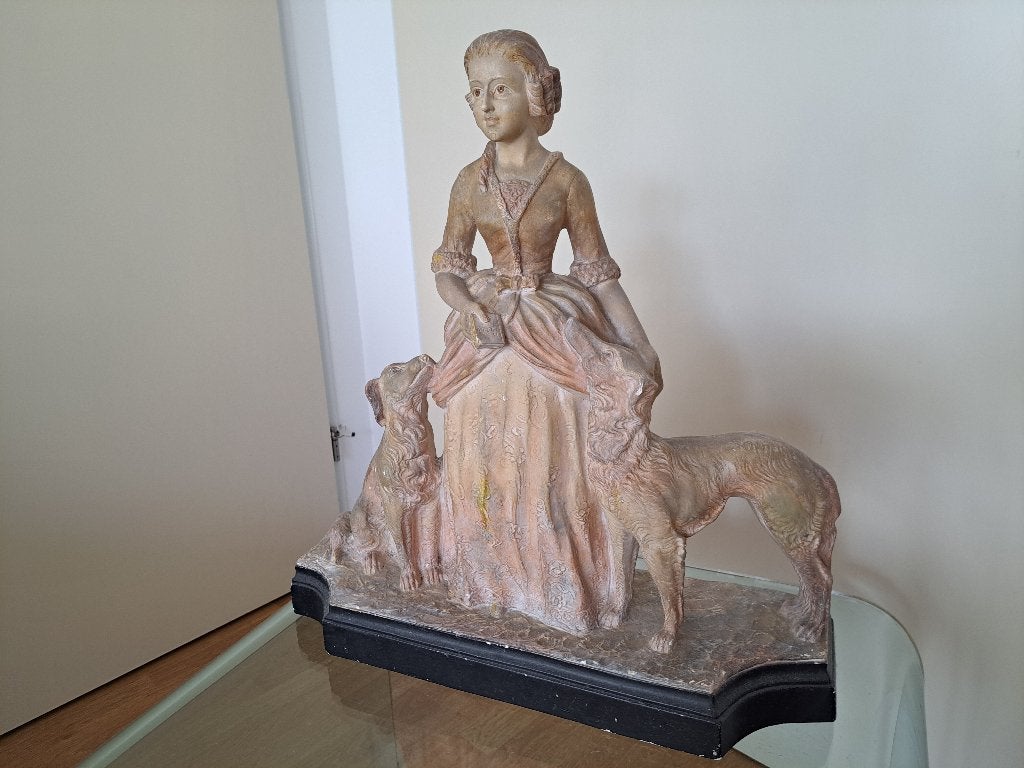 Antiek beeld dame met honden - Decoratief, Ophalen of Verzenden, Gebruikt, Mens