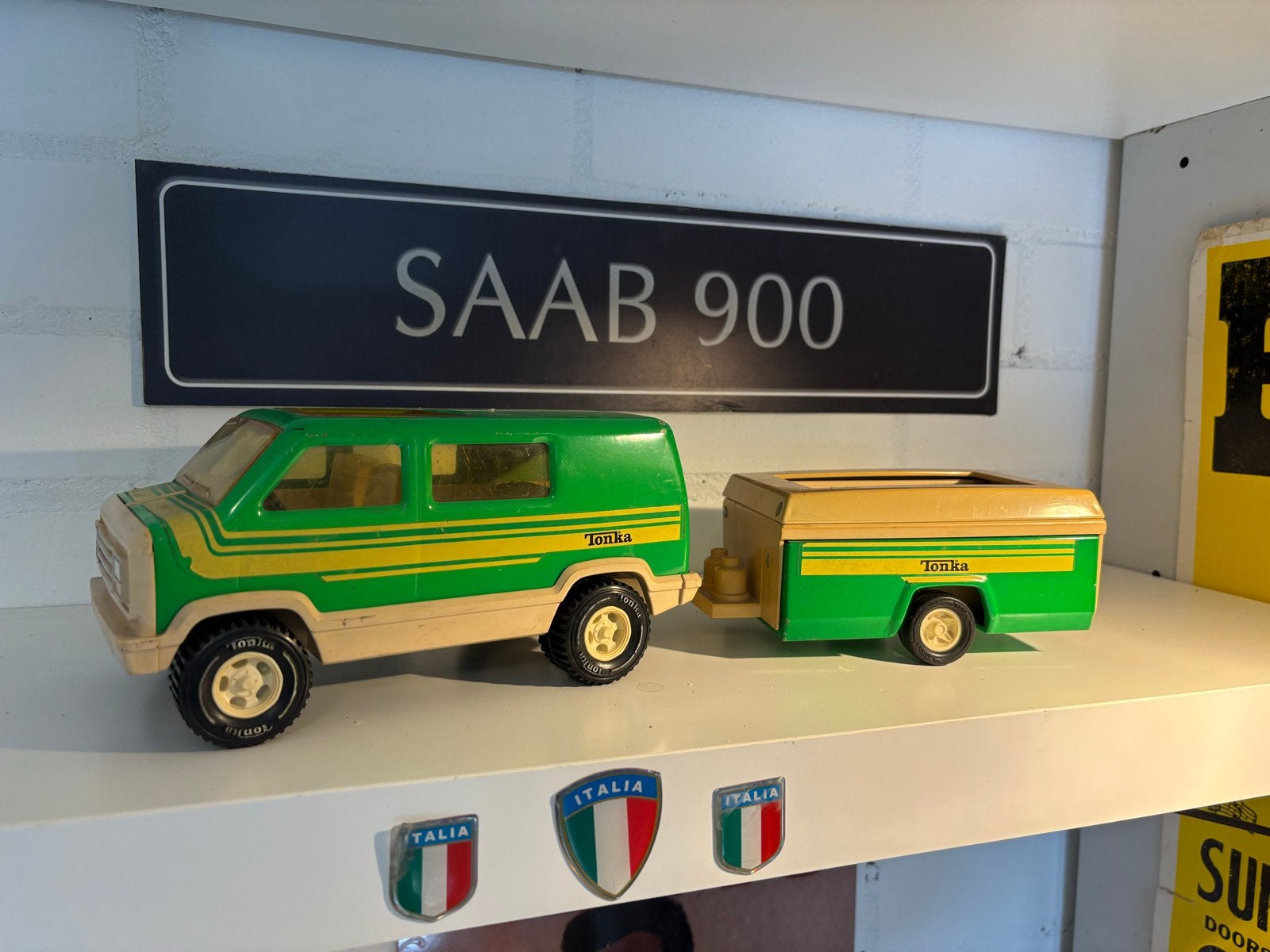 Vintage Tonka Van met Caravan - Groen/Beige Speelgoed, Ophalen of Verzenden, Gebruikt