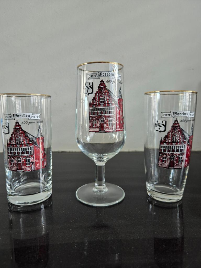 Vintage Woerden 600 jaar stad glazen set (3 stuks), Ophalen of Verzenden