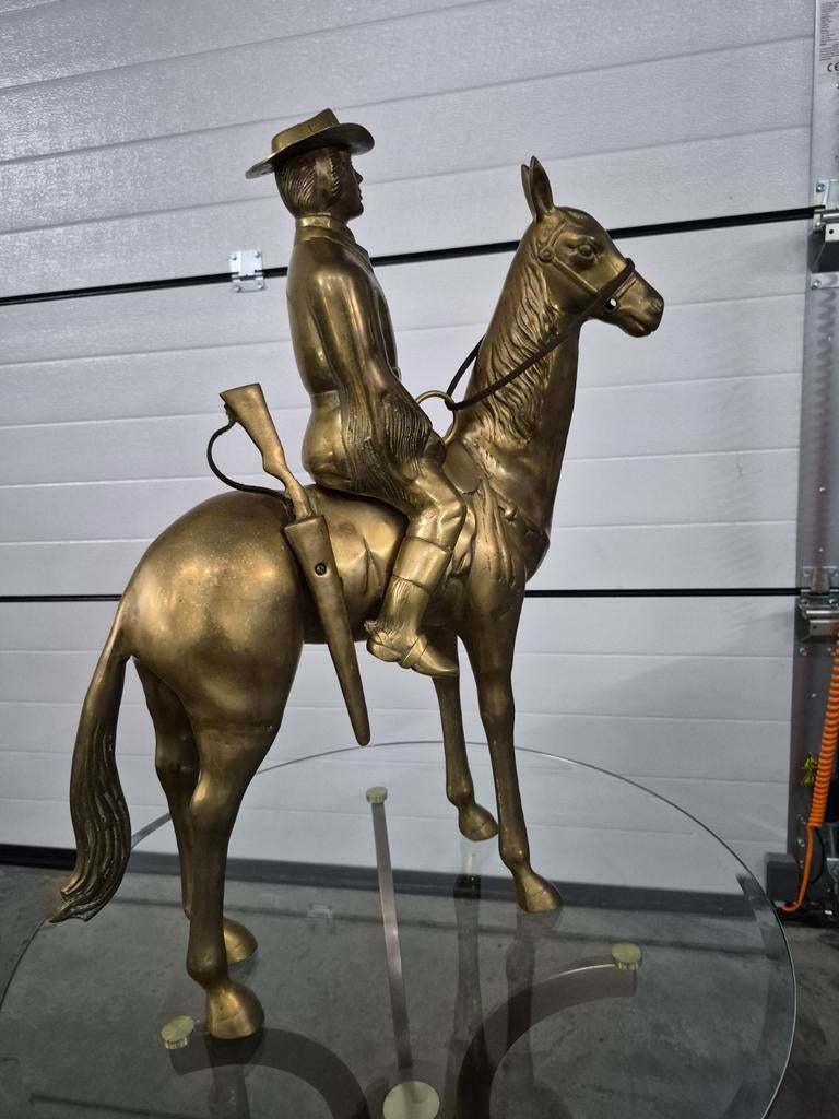 Antiek Messing Paard met Cowboy - 65 cm hoog, Antiek en Kunst, Ophalen
