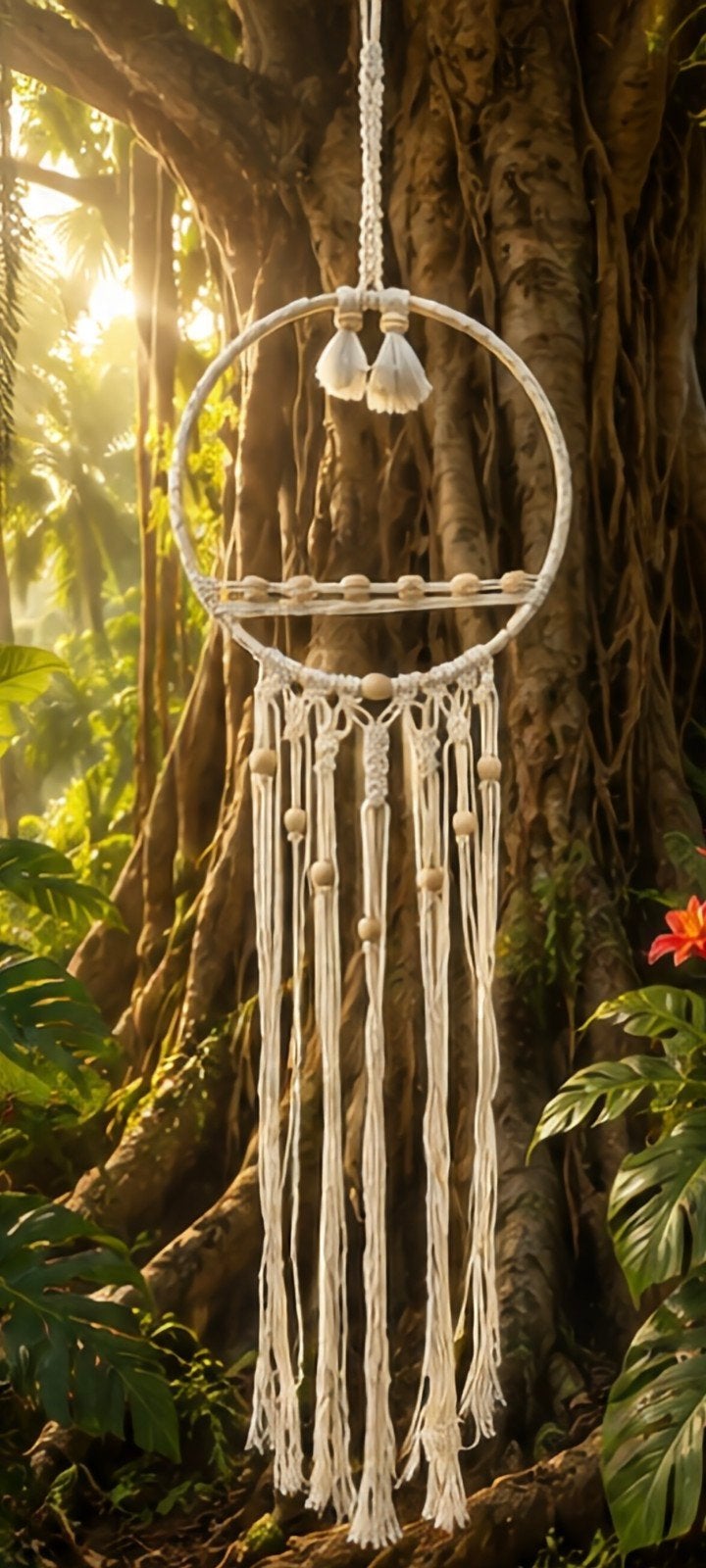 Macramé droogbloemhouder - 18 cm doorsnede, 87 cm lang, Boho, Nieuw, Ophalen of Verzenden, Natuurlijk materiaal