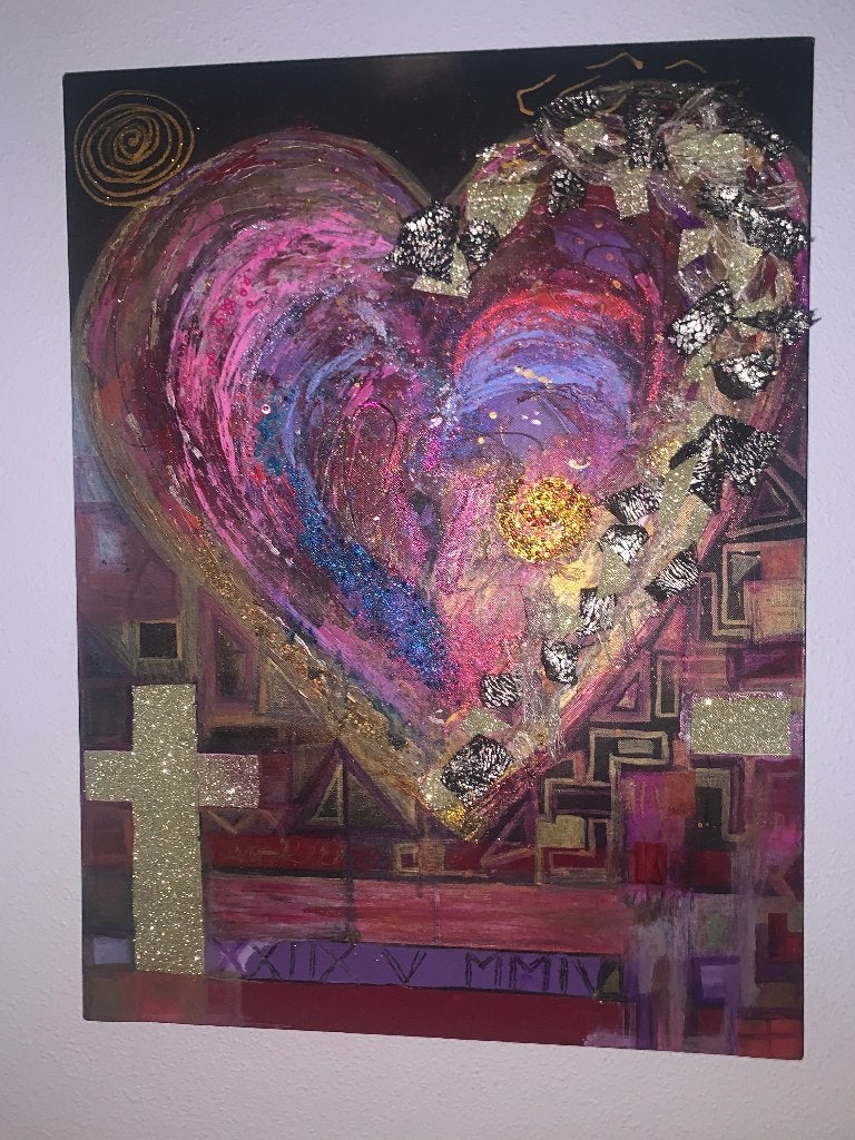 Hersteld hart zelf gemaakt schilderij, Antiek en Kunst, Papier/karton, Ophalen of Verzenden, Gemengde techniek, Figuren