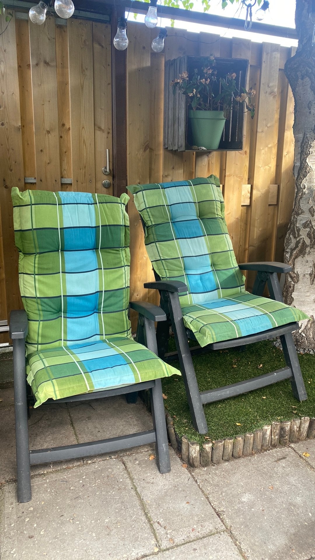 2 tuinstoelen met kussens, Tuin en Terras, Tuinstoelen, Ophalen, Zo goed als nieuw, Kunststof, Verstelbaar