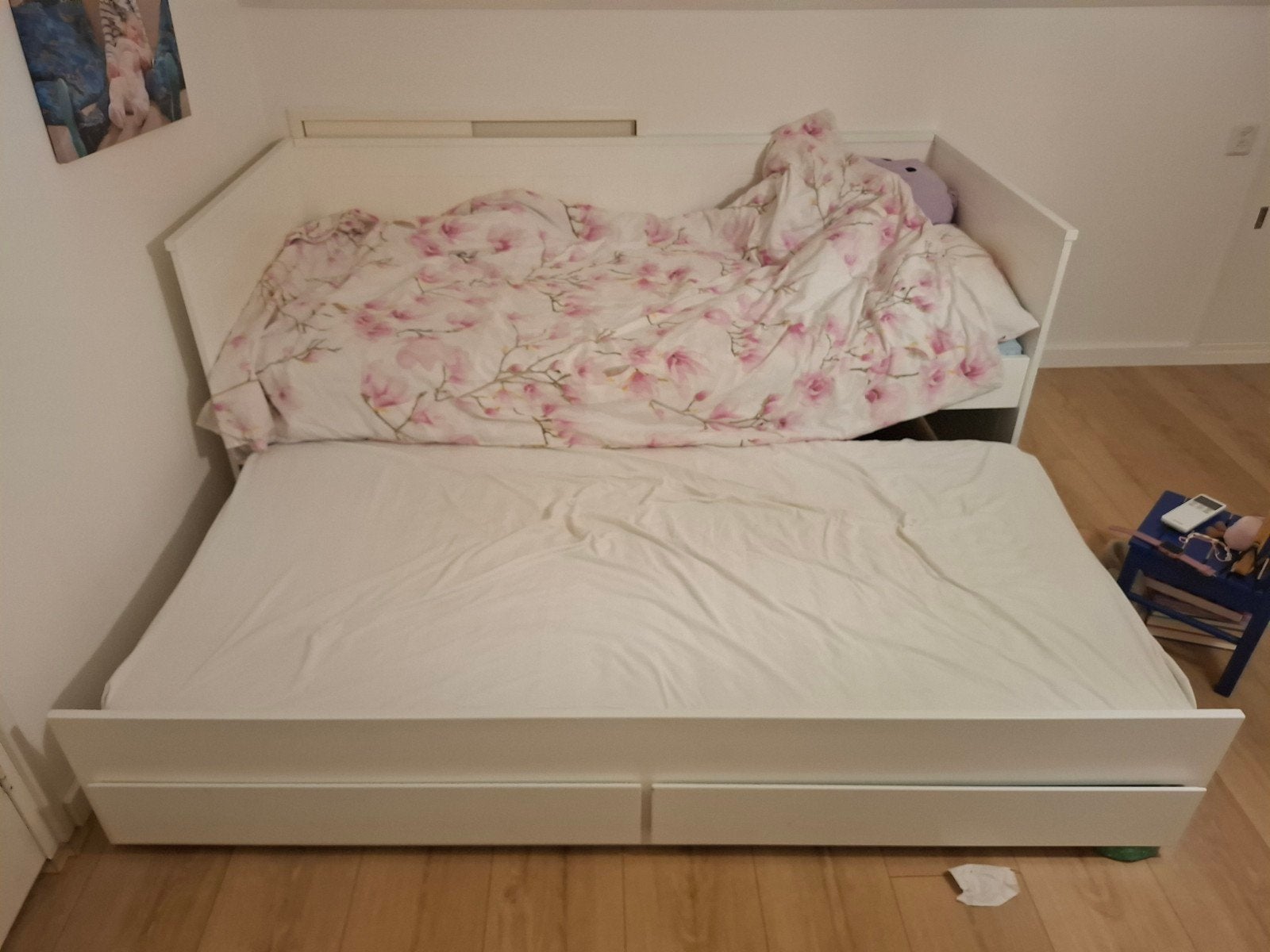 Uitschuifbaar eenpersoonsbed met lades en matrassen, Huis en Inrichting, 90 cm, Eenpersoons, Wit, Ophalen of Verzenden