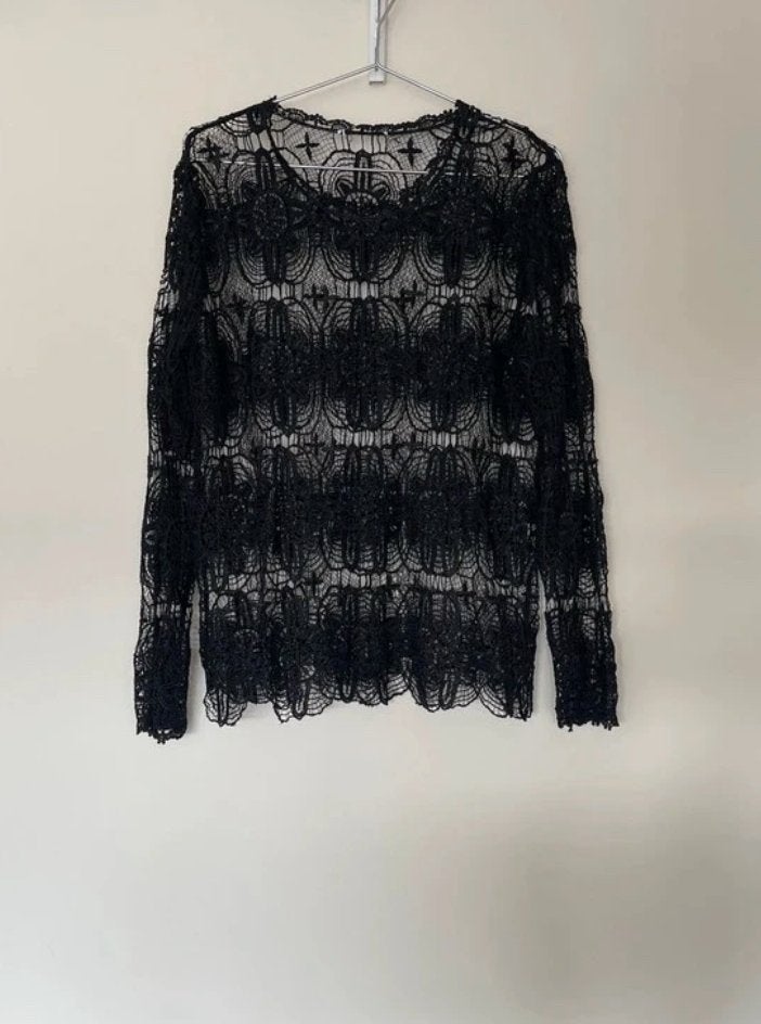 Black lace crochet long sleeve S top, Zwart, Ophalen of Verzenden, Lange mouw, Maat 36 (S)
