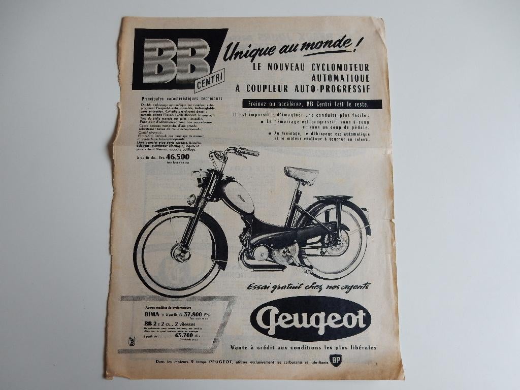 Peugiot brommer reclame uit tijdschrift Frankrijk., Ophalen of Verzenden, 1940 tot 1960, Buitenland, Knipsel(s)