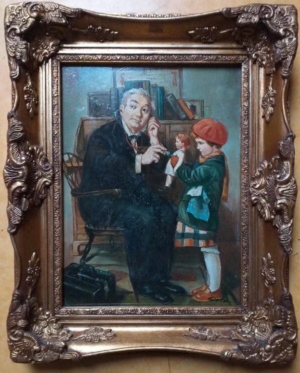 Poppendokter Antiek schilderij., Ophalen of Verzenden