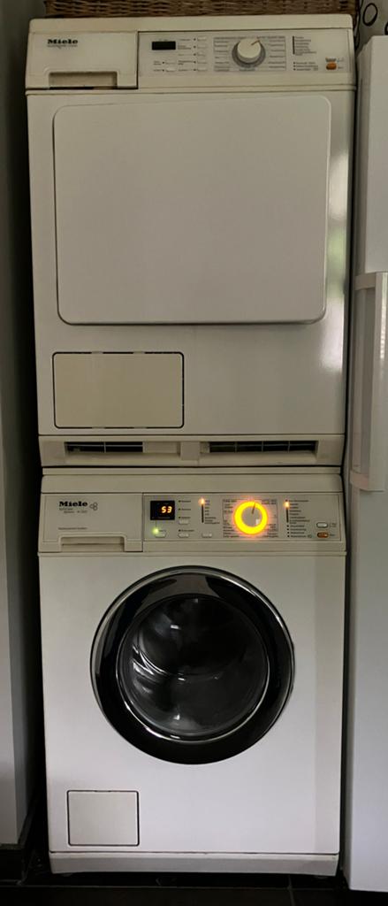 Miele Wasmachine W 2521 + Droger T 273 C, Ophalen, Gebruikt, Voorlader, Wolwasprogramma