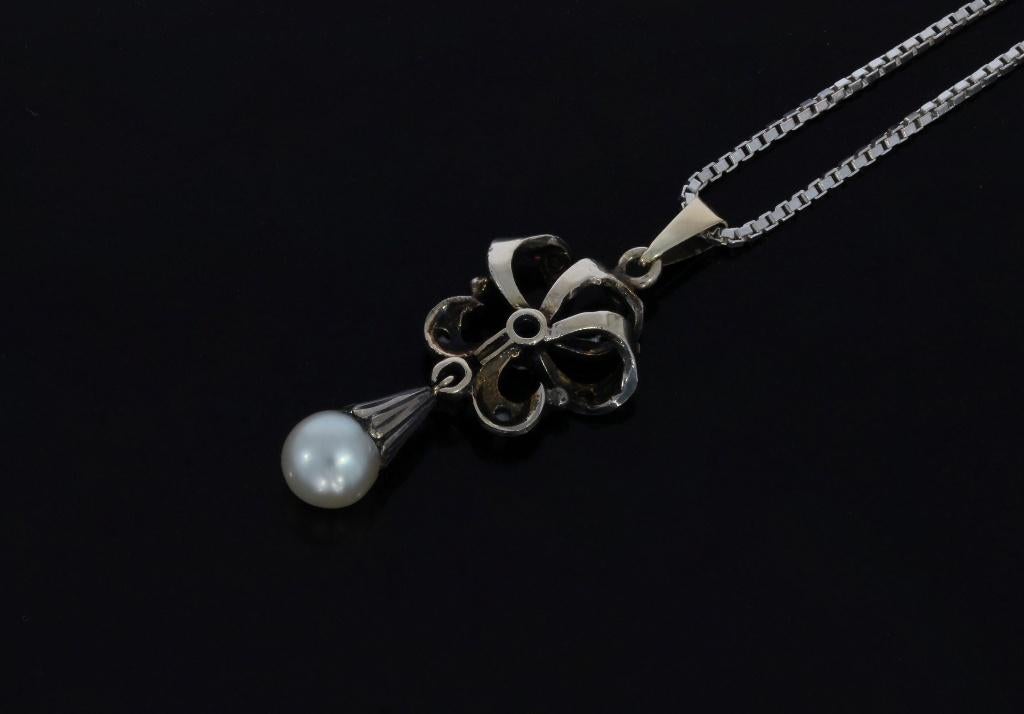 Diamanten parel antieke 14k gouden ketting hanger zilver, Verzenden, Goud, Hanger, Met edelsteen