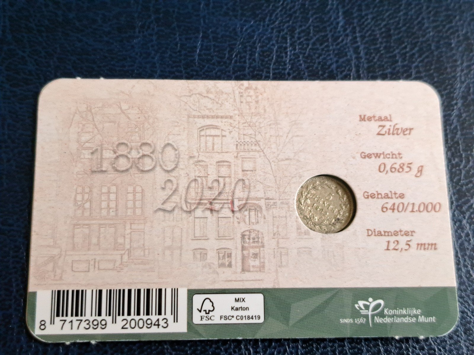 140 jaar Schulman Numismatiek coincard met 1862, Ophalen of Verzenden, Koning Willem III, 5 cent, Zilver