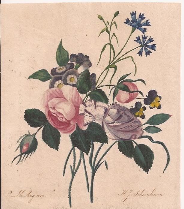Bloemen'Tekening/Aquarel.H.J.Schoonhoven, Zwolle.1837Fraai, Antiek en Kunst, Ophalen of Verzenden, Tekening, Aquarel, Gesigneerd