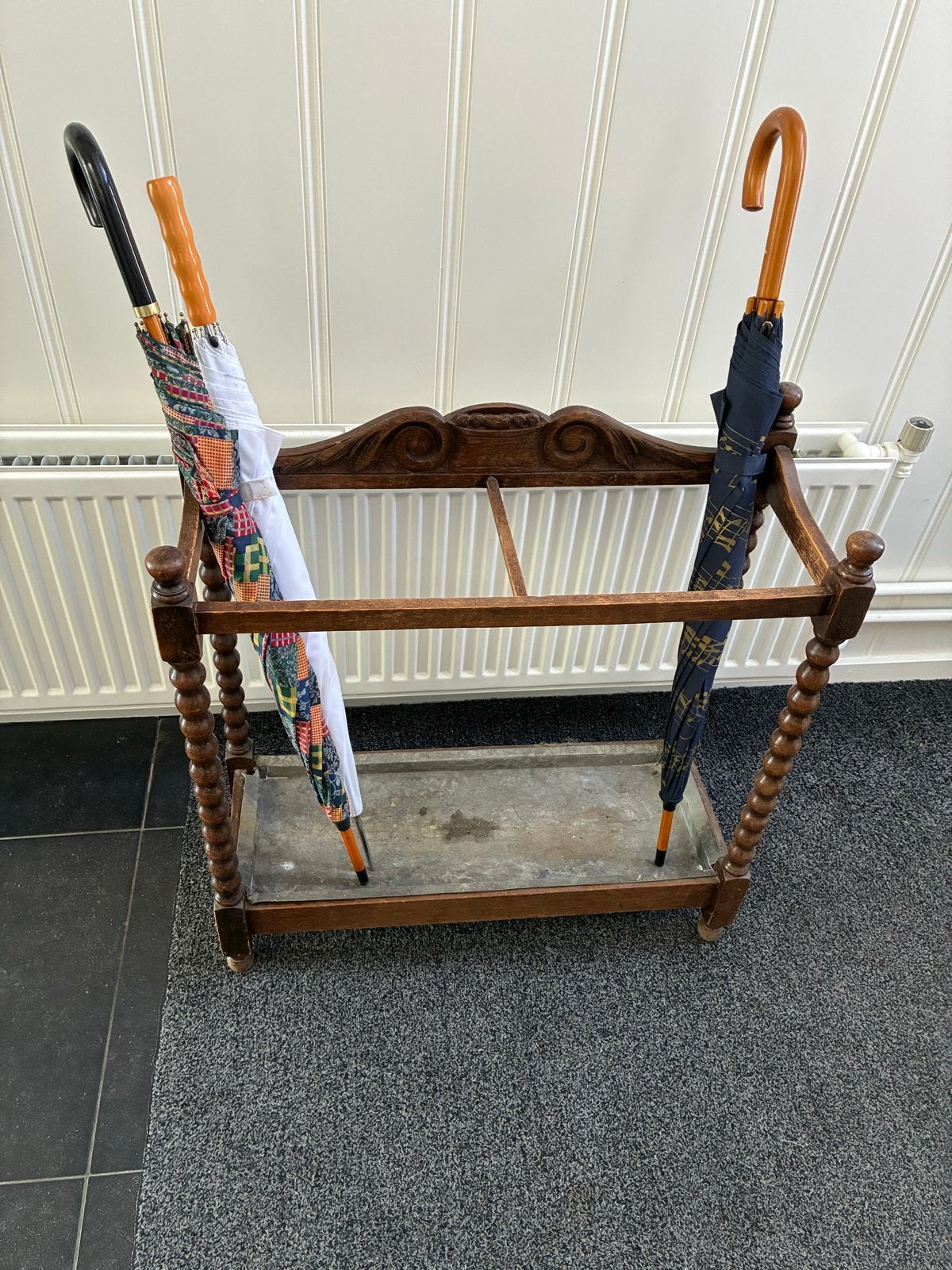 Vintage eiken parapluibak met zinken bodem, 65 x 26 x 66, Ophalen, Gebruikt, Hout