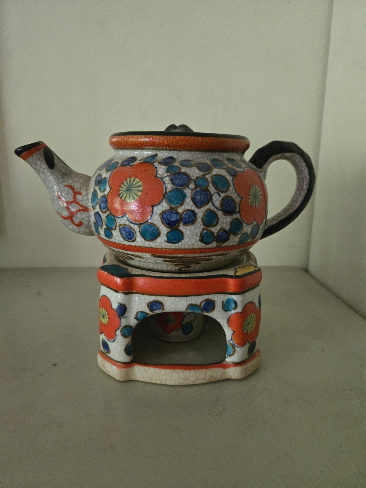Vintage chinese theepot met theelicht kleurrijk crackleware, Ophalen of Verzenden