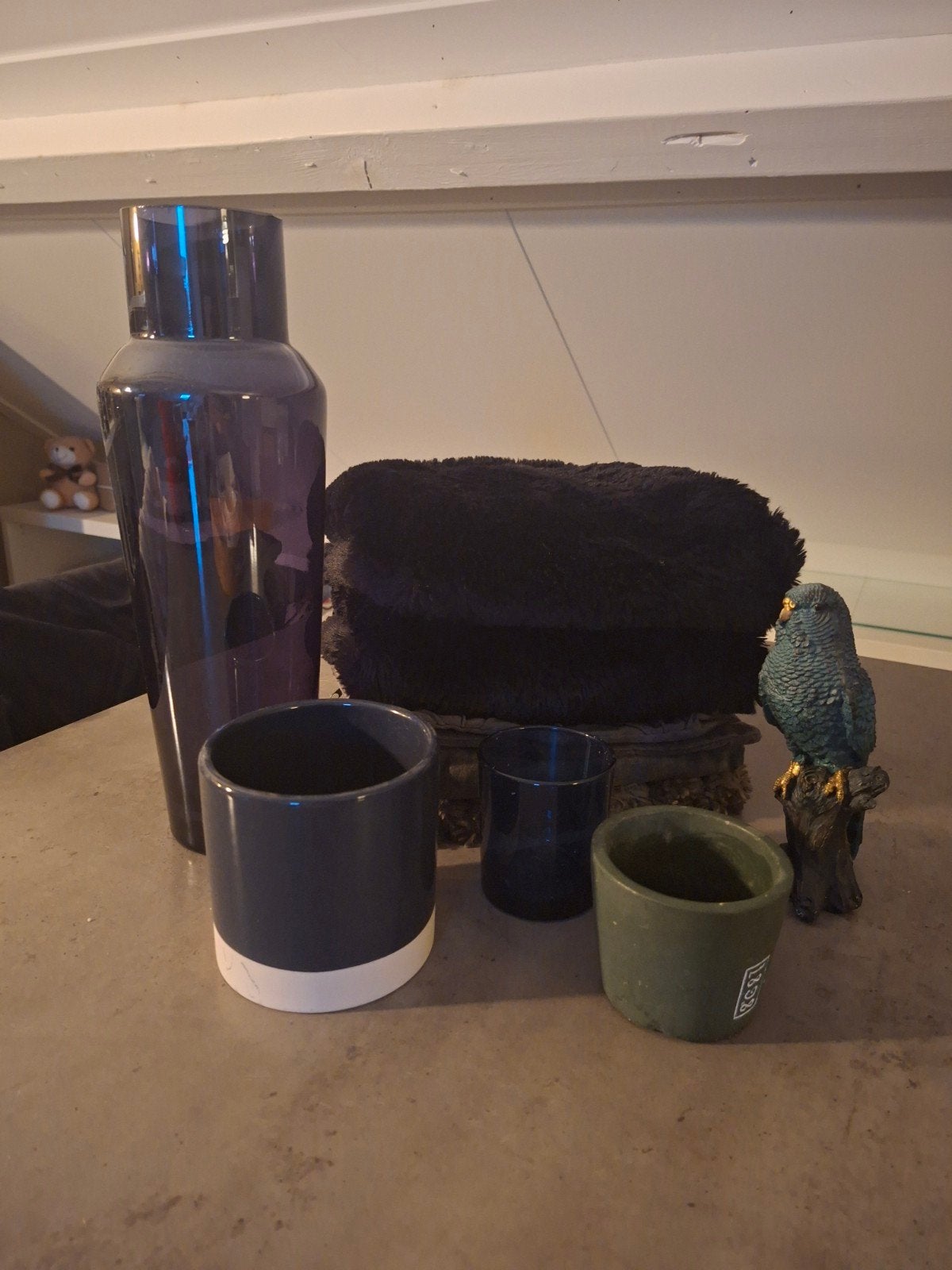 Decoratiepakket: Vaas, kussenslopen, beeldje vogel, potjes, Gebruikt, Blauw, Ophalen of Verzenden, Modern
