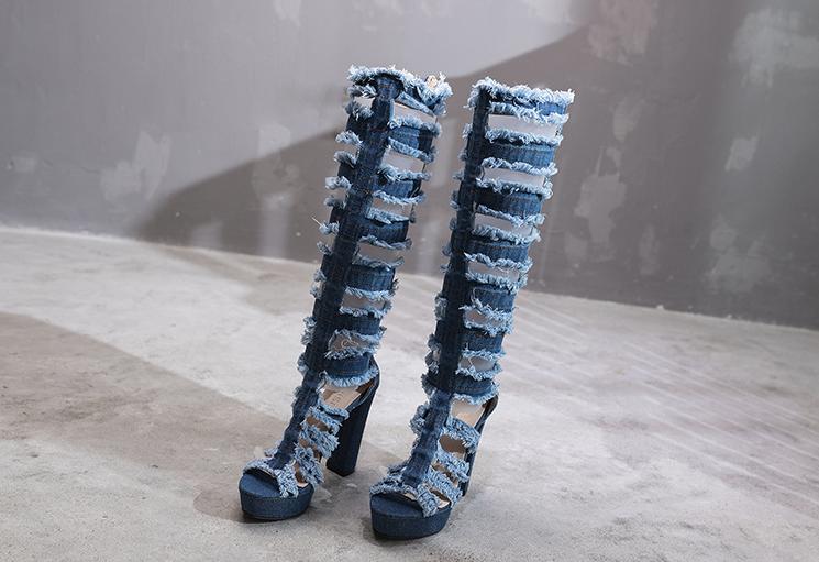 Blauwe spijker overknee laarzen knie hoge dames vrouwen, Verzenden, Nieuw, Blauw, Hoge laarzen