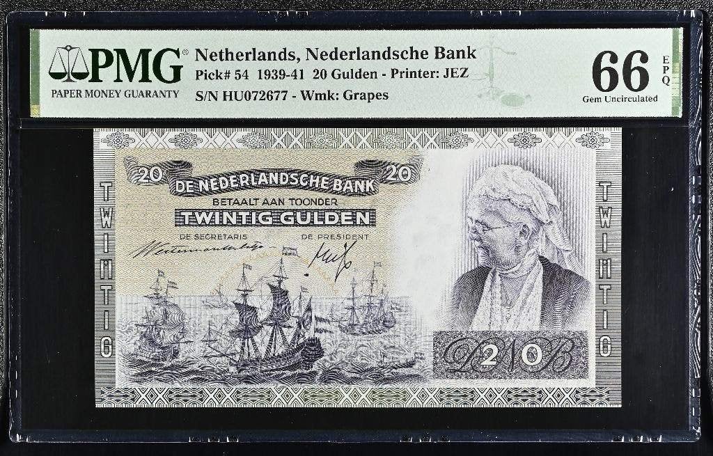 UNC biljet 20 gulden Emma, 1941 | PMG 66 EPQ, Ophalen of Verzenden, 25 gulden