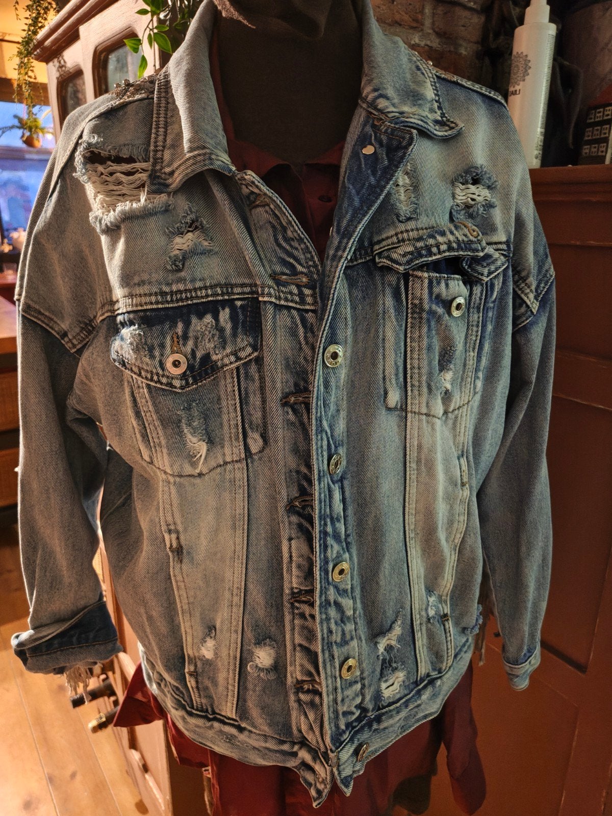spijkerjas franjes l xl, Ophalen of Verzenden, Gedragen, Maat 42/44 (L), Blauw