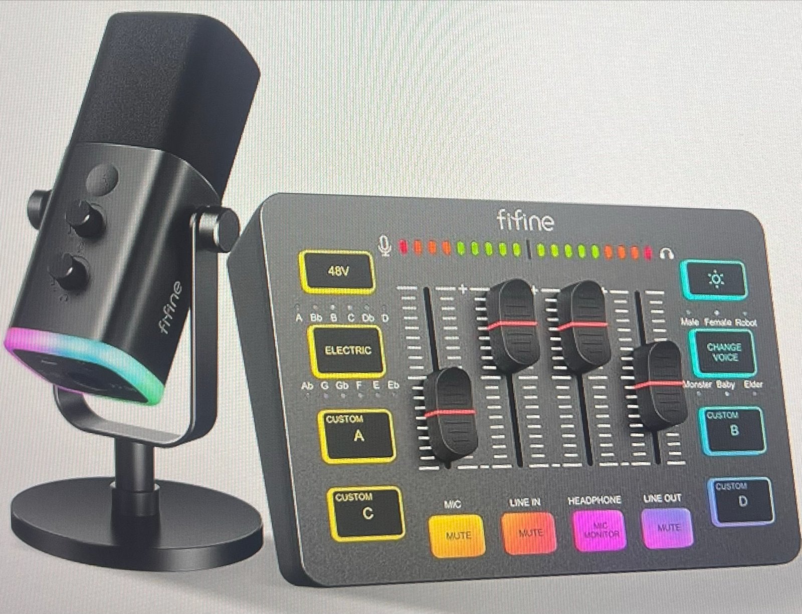 Fifine Microfoon met Mixer - Zwart met RGB Verlichting, Muziek en Instrumenten, Ophalen, Zo goed als nieuw, Studiomicrofoon