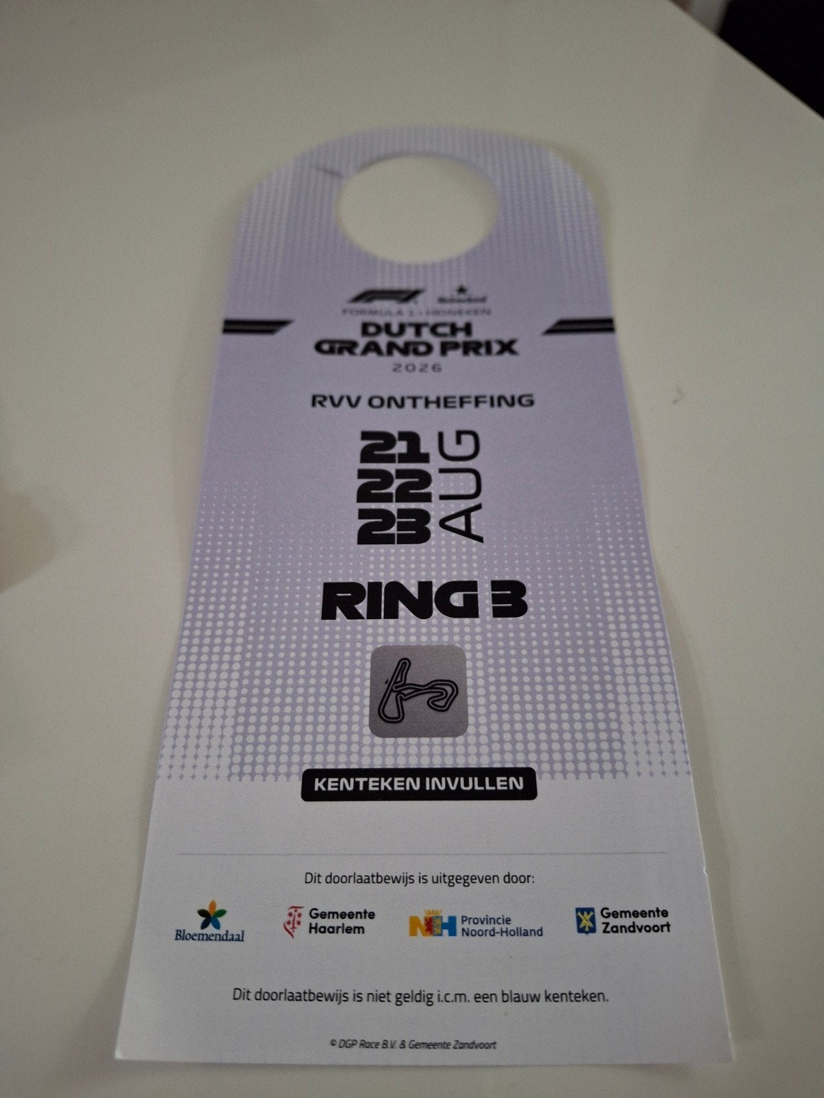 Doorlaatbewijs parkeren Ring 3, F1 Zandvoort, Eén persoon