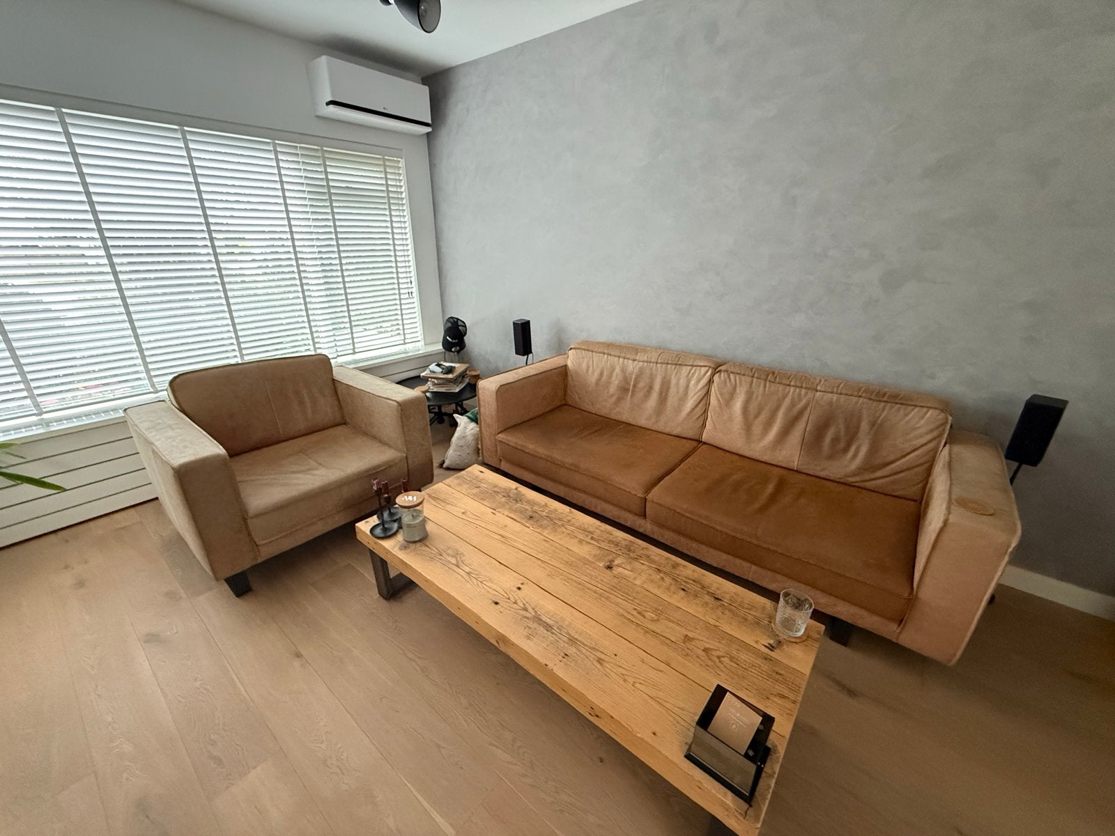 Comfortabele 3-zitsbank en loveseat in cognac leer, Huis en Inrichting, Ophalen, 250 tot 300 cm, Gebruikt, Tweepersoons