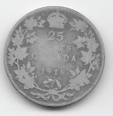 Canada 25 cents 1918 KM# 24, Verzenden, Noord-Amerika, Losse munt, Zilver