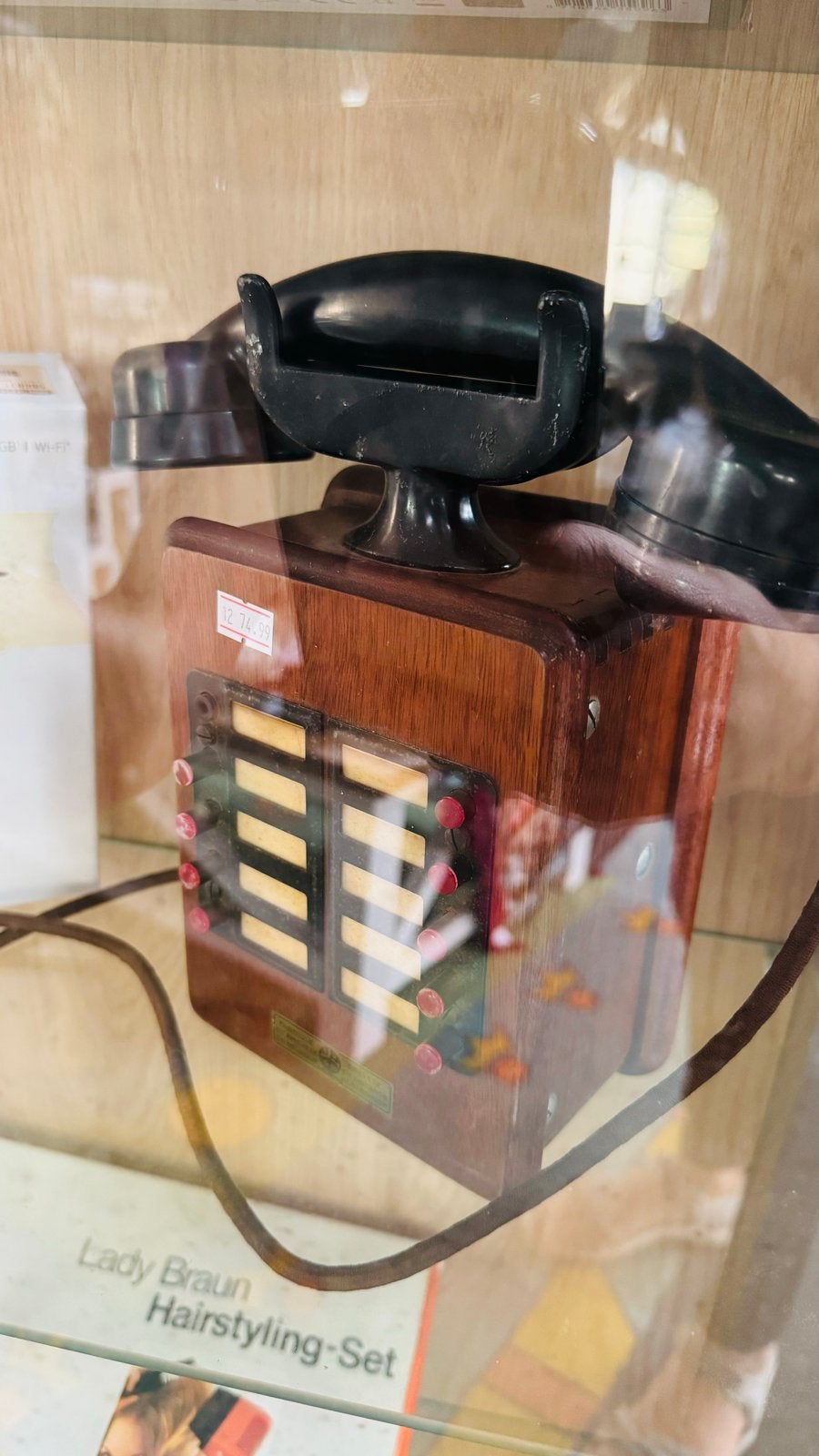 Vintage houten telefoon met hoorn, Antiek en Kunst, Ophalen of Verzenden