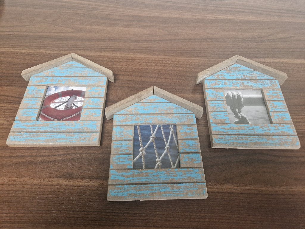 3 fotolijstjes in de vorm van een strandhuisje, Audio, Tv en Foto, Fotografie | Fotolijsten, Hout, Overige typen, Ophalen of Verzenden