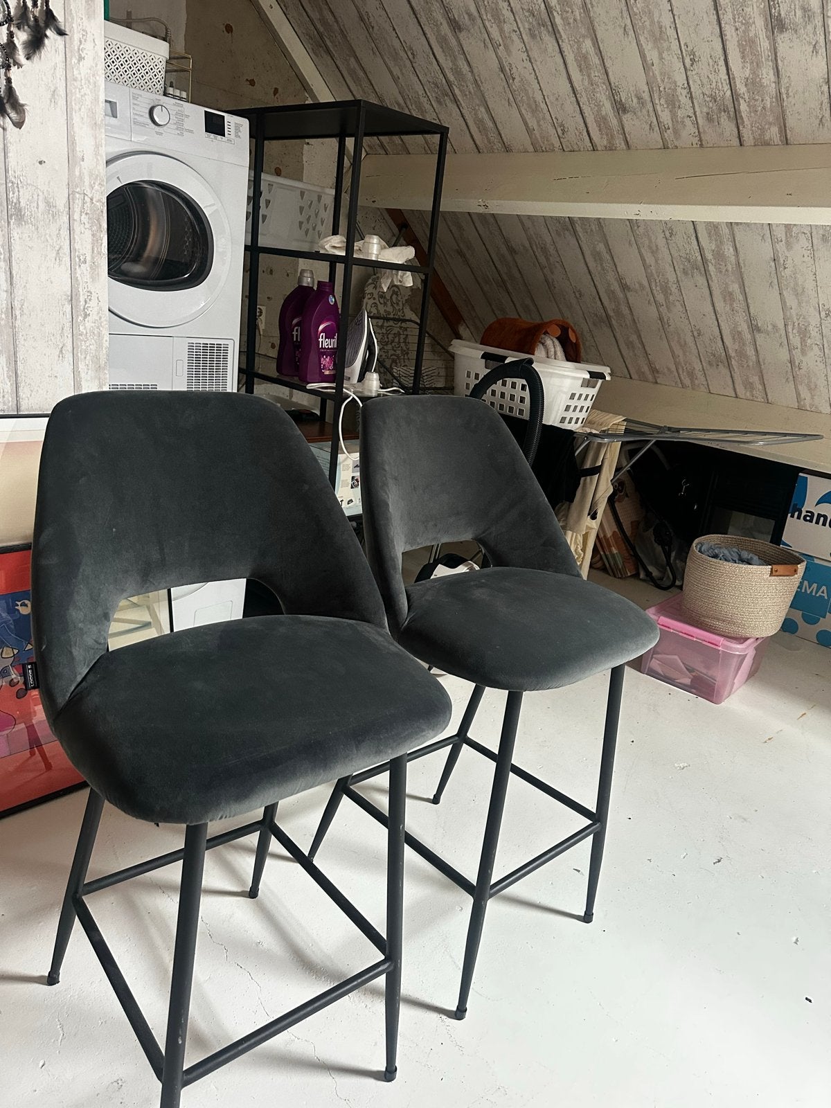 Set van 2 donkergrijze/groene barkrukken LOODS 5, Gebruikt, Ophalen of Verzenden, 90 cm of meer, Metaal