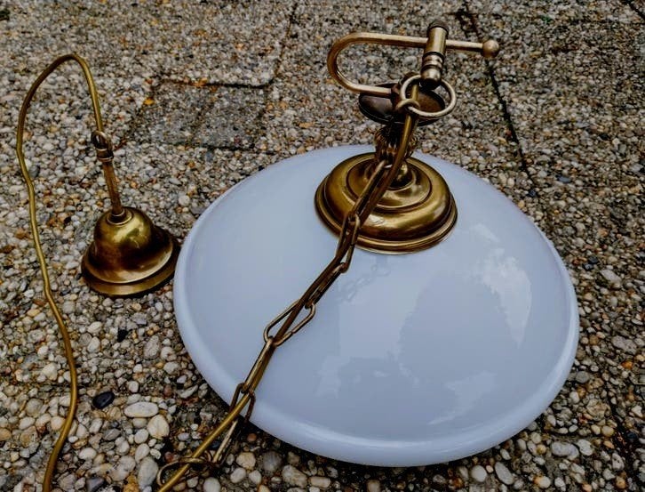 Vintage Frantzen Plafondlamp/Hanglamp - Wit Glas & Messing, Gebruikt, Klassiek, Vintage, Retro, Glas, E27 (groot)