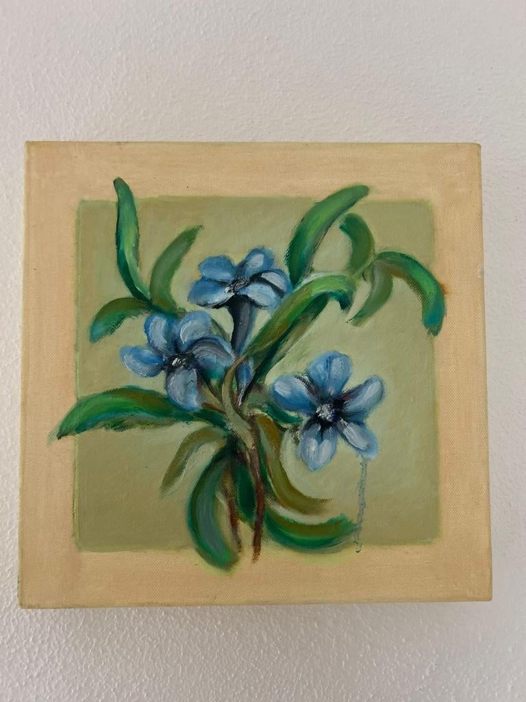 schilderij met blauwe bloemen, Ophalen