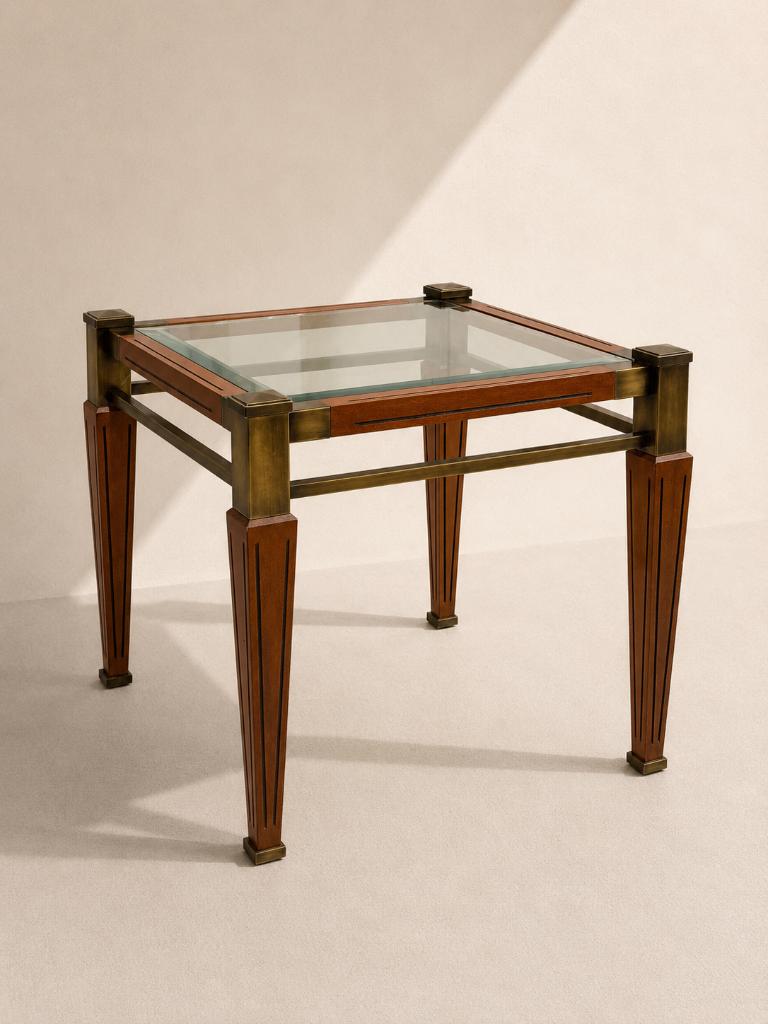 Vintage art deco stijl bijzettafel – hout, glas & messing, Minder dan 55 cm, Art deco, Vierkant, Zo goed als nieuw