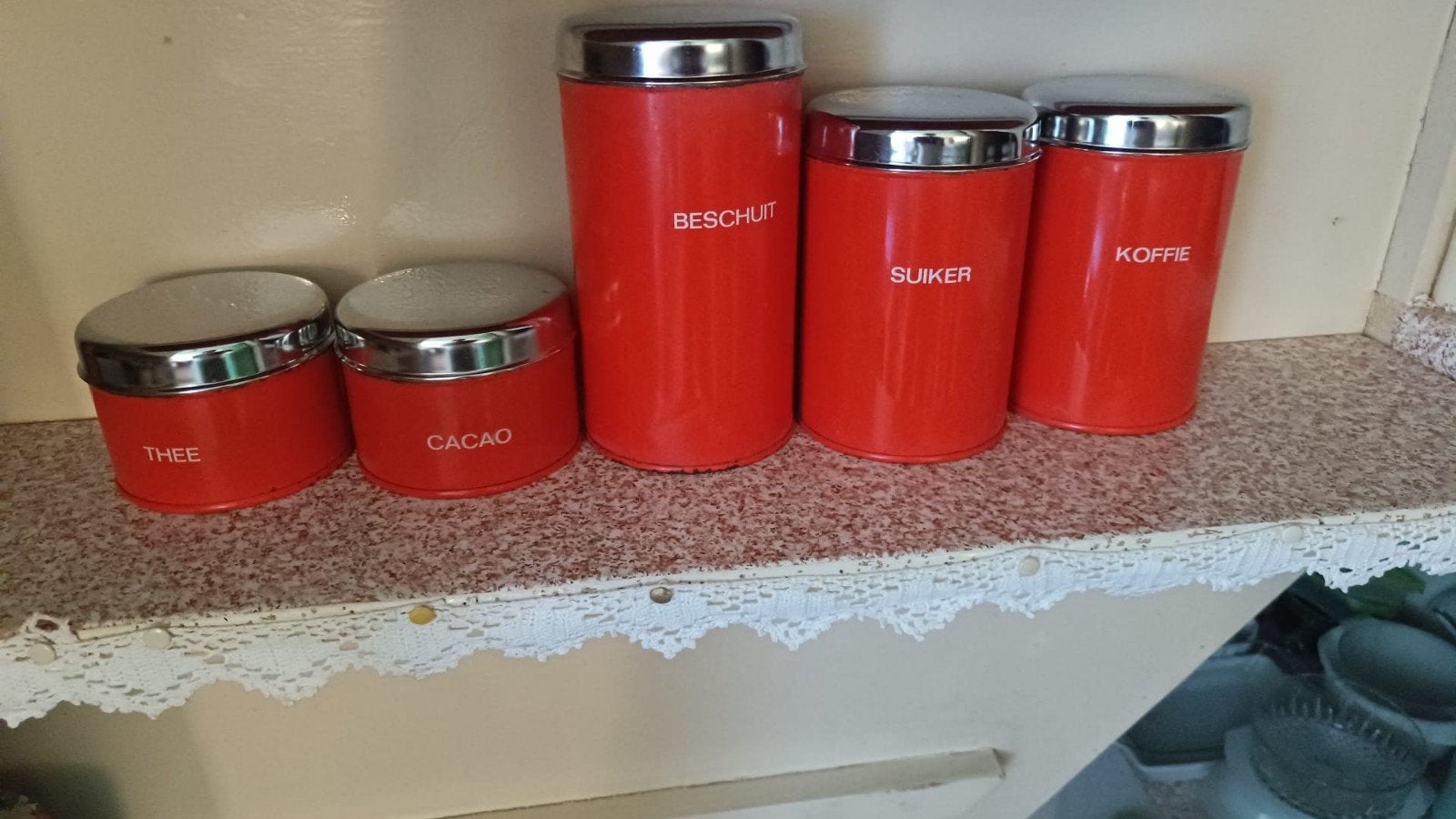 Vintage rode voorraadpotten set (5 stuks), Huis en Inrichting, Keuken | Keukenbenodigdheden, Gebruikt, Voorraadpot, Metaal, Rood