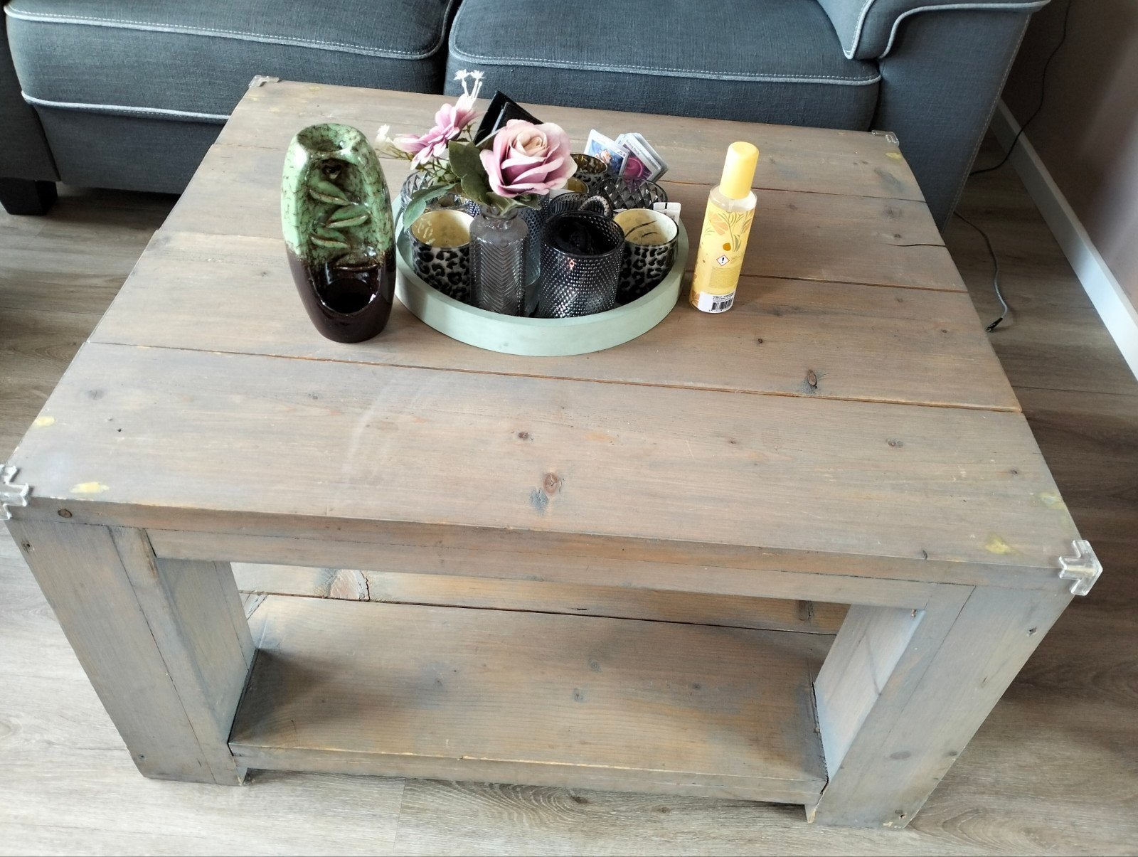 Steigerhouten salontafel greywash, Gebruikt, 50 tot 100 cm, Vierkant, Landelijk, Industrieel