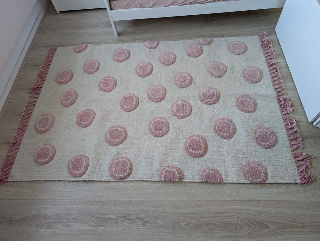 Vloerkleed voor meisjes met franjes - roze stippen, Ophalen, Gebruikt, 100 tot 150 cm, Speels, kinderkamer