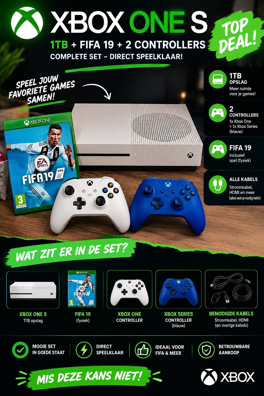 Xbox One S 1TB met 2 controllers en FIFA 19, Spelcomputers en Games, Met games, Met 2 controllers, Xbox One S, Ophalen of Verzenden