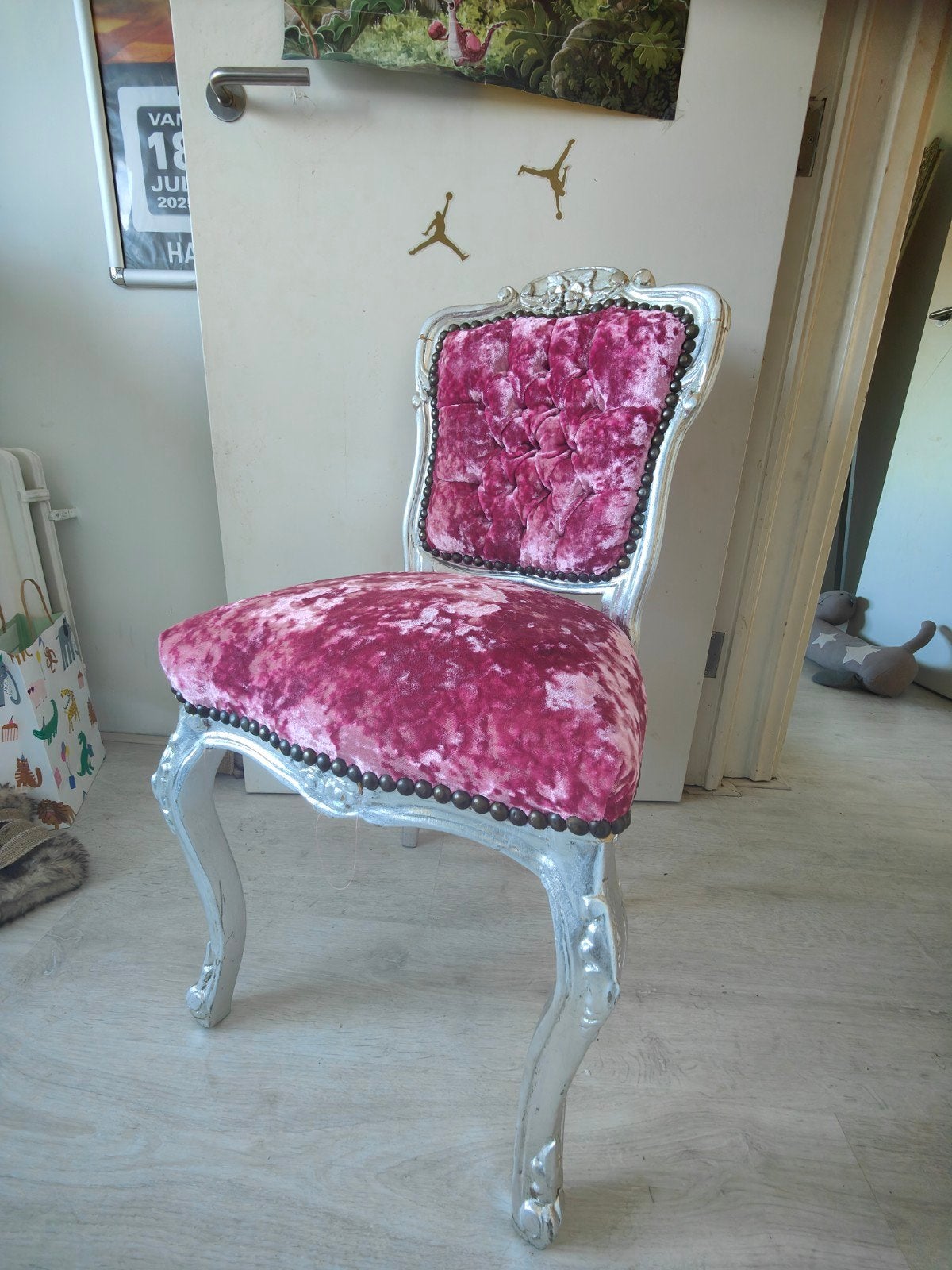 Barok stoel roze velours zilverkleurig hout, Ophalen, Gebruikt, Barok, Overige kleuren