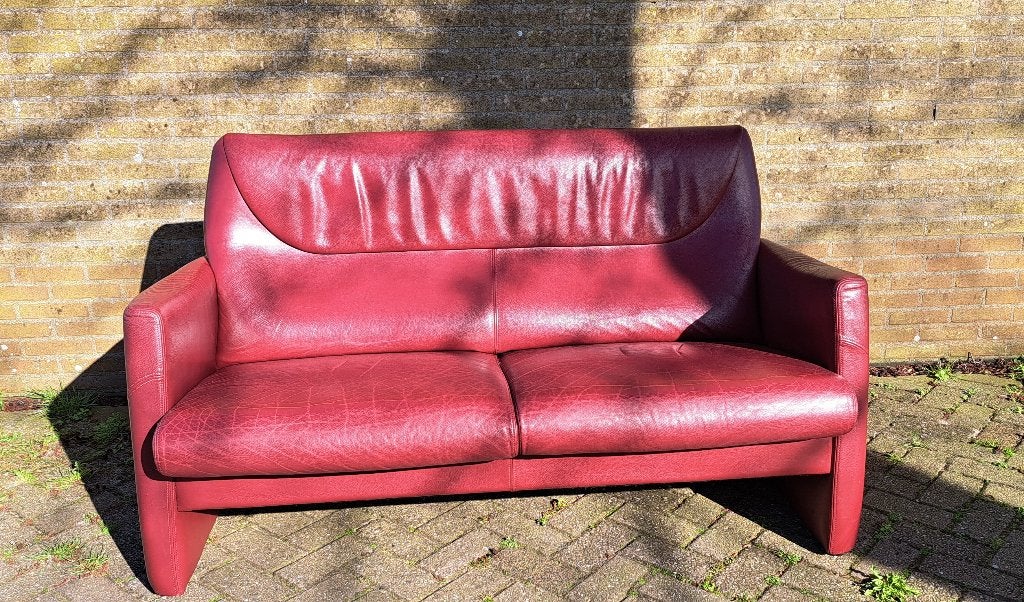 recht rood leren bankje, 2 zits, tweezitter, Ophalen, Gebruikt, Minder dan 75 cm, 150 tot 200 cm
