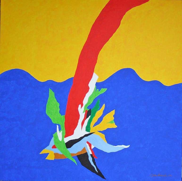 Abstract schilderij "Geel-Blauw", 1x1 m, Ophalen