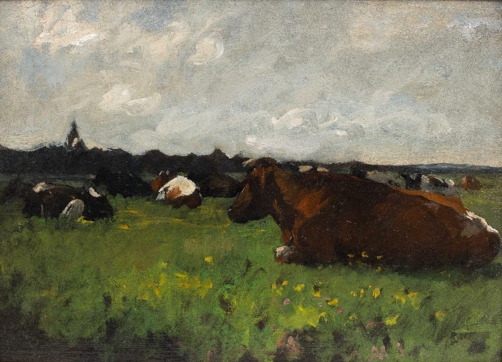 Jan Voerman Sr (1857-1941), Gezicht op Hattem met koeien, Ophalen of Verzenden
