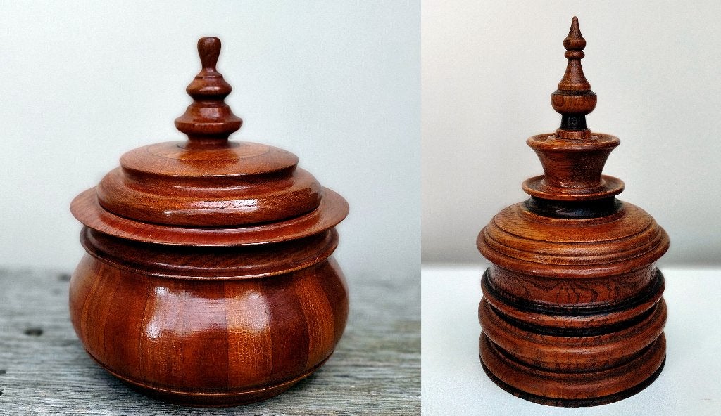 2x Antieke Houten Tabakspot / Pot & Deksel - Zie Omschr, Ophalen of Verzenden
