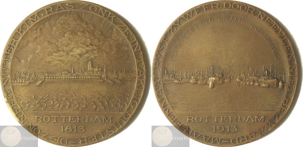 Historiepenning 1913 'Rotterdam Eeuwfeest Onafhankelijkheid', Ophalen of Verzenden, Brons, Nederland