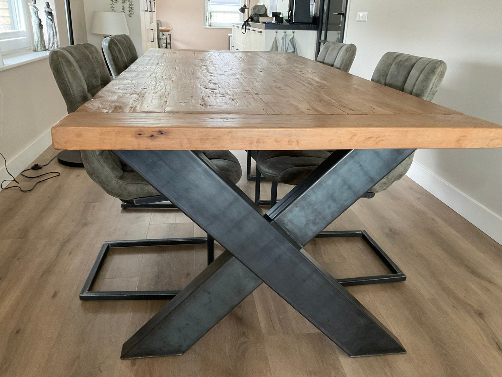 Eettafel (rustiek teakenhoten blad), Huis en Inrichting, Tafels | Eettafels, Ophalen, Gebruikt, Teakhout, 200 cm of meer