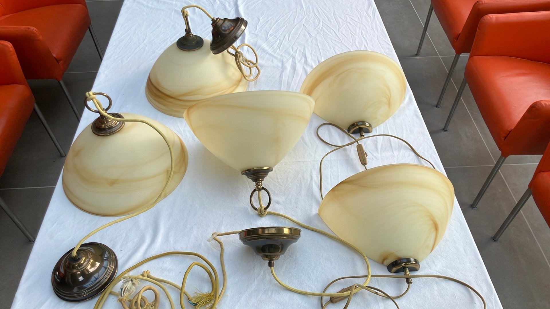 Set met 3 mooie hanglampen en 2 wandlampen, Ophalen, Zo goed als nieuw, Glas