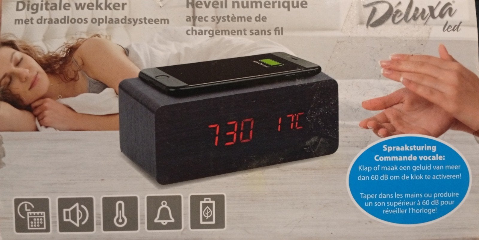 Digitale Houten Wekker met Draadloos Opladen (Qi) & Spraakst, Ophalen of Verzenden, Nieuw