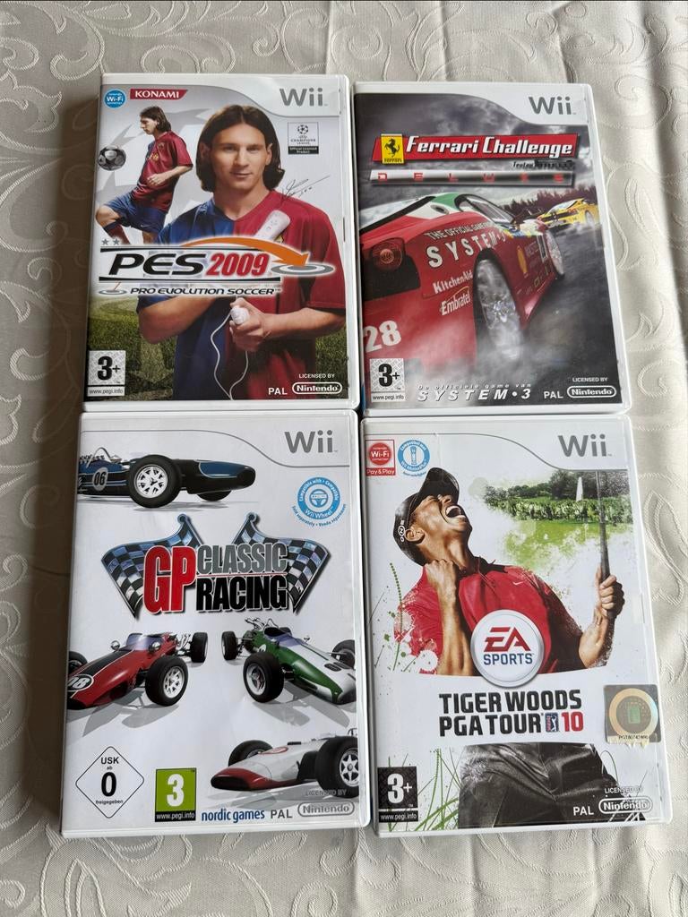 Wii Games: PES 2009, Ferrari Challenge, GP Racing, Tiger Woo, Gebruikt, Eén computer, Ophalen of Verzenden, Sport