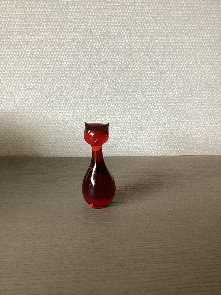 Vintage rood glazen kattenbeeldje, Scandinavisch,, Ophalen of Verzenden